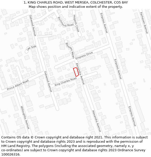 1, KING CHARLES ROAD, WEST MERSEA, COLCHESTER, CO5 8AY: Location map and indicative extent of plot