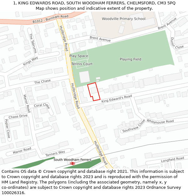 1, KING EDWARDS ROAD, SOUTH WOODHAM FERRERS, CHELMSFORD, CM3 5PQ: Location map and indicative extent of plot