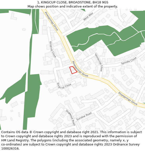 1, KINGCUP CLOSE, BROADSTONE, BH18 9GS: Location map and indicative extent of plot