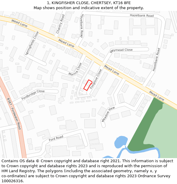 1, KINGFISHER CLOSE, CHERTSEY, KT16 8FE: Location map and indicative extent of plot