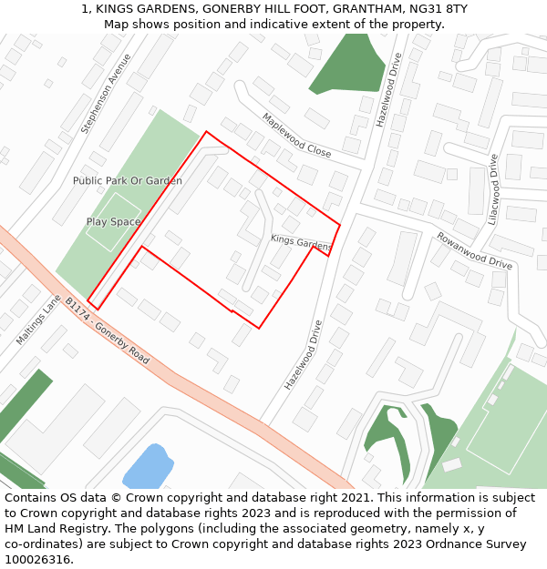 1, KINGS GARDENS, GONERBY HILL FOOT, GRANTHAM, NG31 8TY: Location map and indicative extent of plot