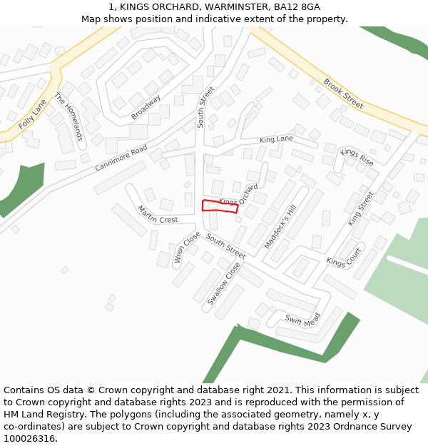 1, KINGS ORCHARD, WARMINSTER, BA12 8GA: Location map and indicative extent of plot