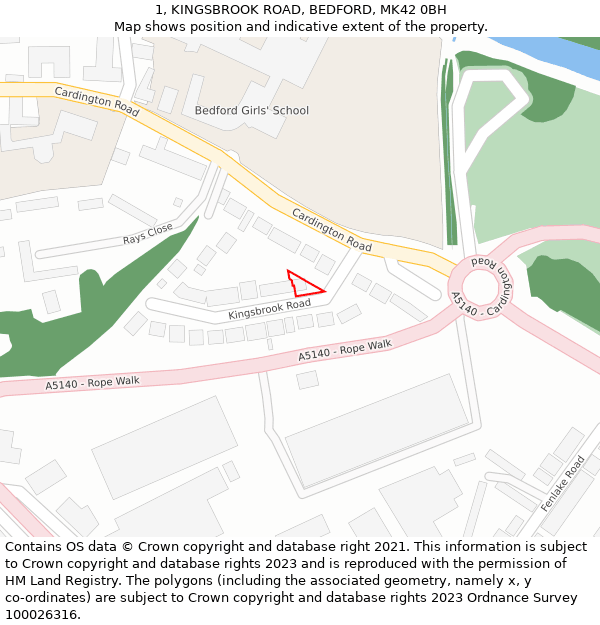 1, KINGSBROOK ROAD, BEDFORD, MK42 0BH: Location map and indicative extent of plot