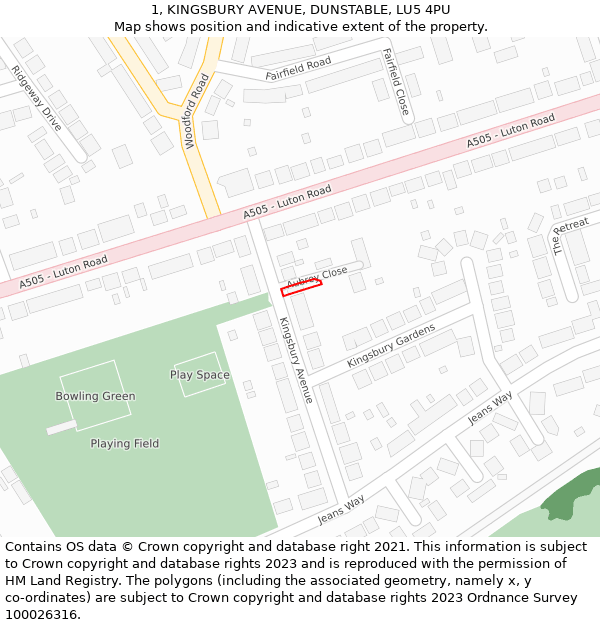 1, KINGSBURY AVENUE, DUNSTABLE, LU5 4PU: Location map and indicative extent of plot