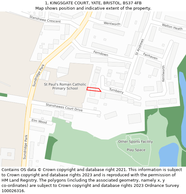 1, KINGSGATE COURT, YATE, BRISTOL, BS37 4FB: Location map and indicative extent of plot