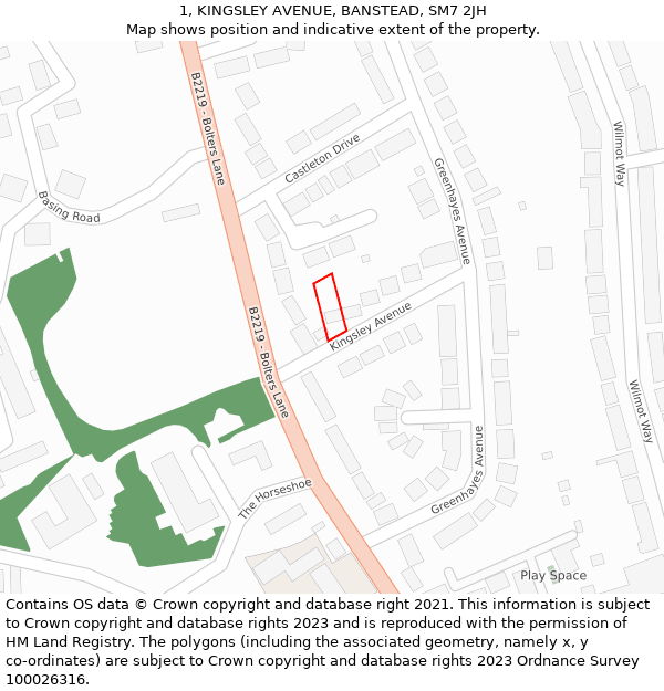 1, KINGSLEY AVENUE, BANSTEAD, SM7 2JH: Location map and indicative extent of plot