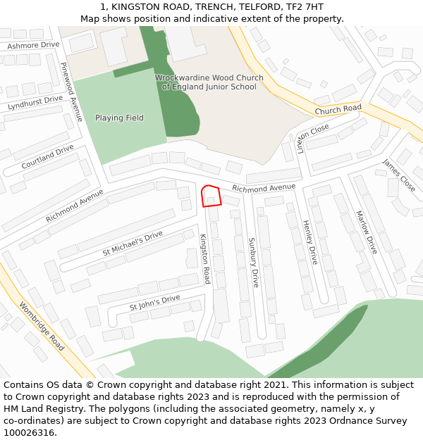 1, KINGSTON ROAD, TRENCH, TELFORD, TF2 7HT: Location map and indicative extent of plot