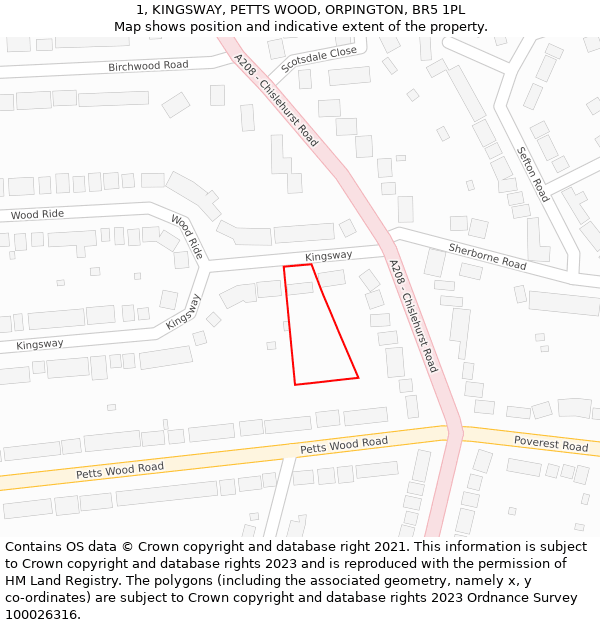 1, KINGSWAY, PETTS WOOD, ORPINGTON, BR5 1PL: Location map and indicative extent of plot