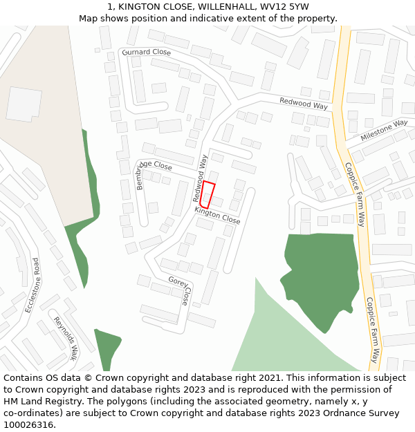 1, KINGTON CLOSE, WILLENHALL, WV12 5YW: Location map and indicative extent of plot