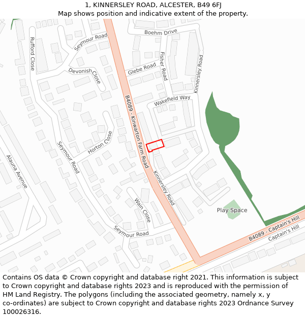 1, KINNERSLEY ROAD, ALCESTER, B49 6FJ: Location map and indicative extent of plot