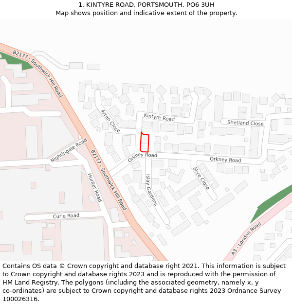 1, KINTYRE ROAD, PORTSMOUTH, PO6 3UH: Location map and indicative extent of plot