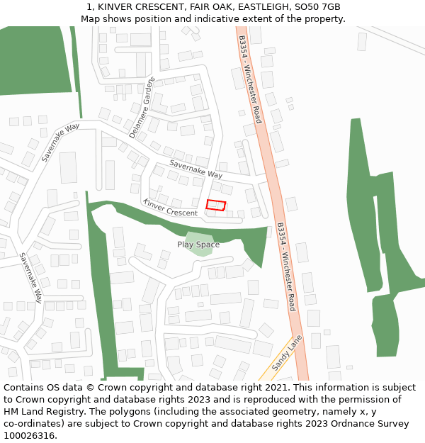 1, KINVER CRESCENT, FAIR OAK, EASTLEIGH, SO50 7GB: Location map and indicative extent of plot