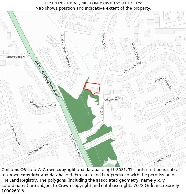 1, KIPLING DRIVE, MELTON MOWBRAY, LE13 1LW: Location map and indicative extent of plot