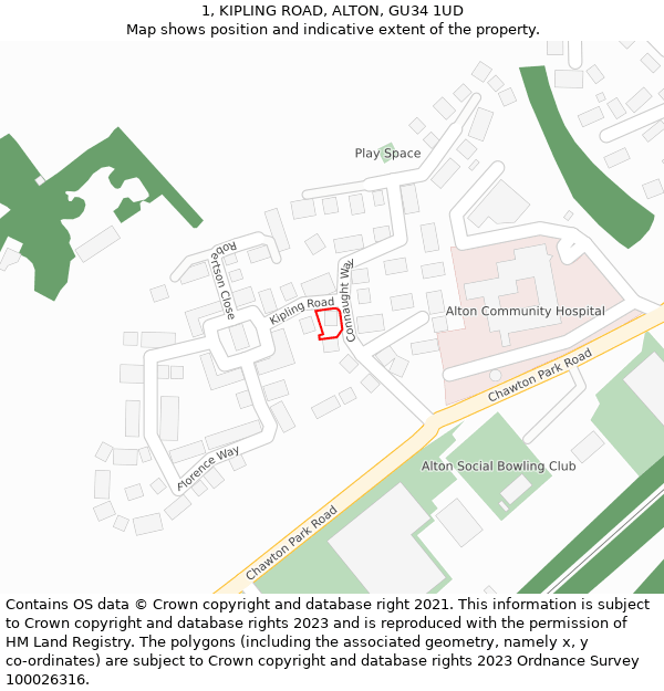 1, KIPLING ROAD, ALTON, GU34 1UD: Location map and indicative extent of plot