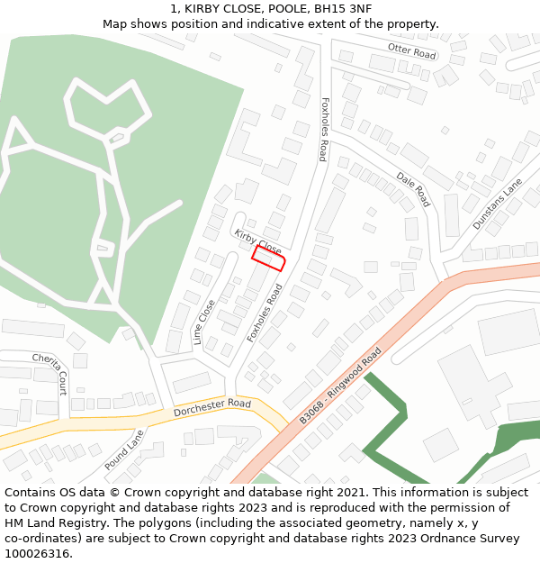 1, KIRBY CLOSE, POOLE, BH15 3NF: Location map and indicative extent of plot