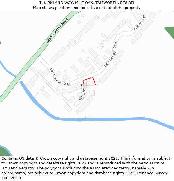 1, KIRKLAND WAY, MILE OAK, TAMWORTH, B78 3PL: Location map and indicative extent of plot