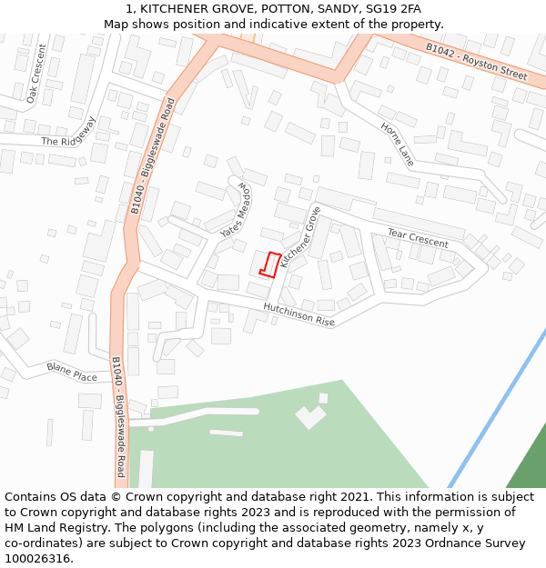 1, KITCHENER GROVE, POTTON, SANDY, SG19 2FA: Location map and indicative extent of plot