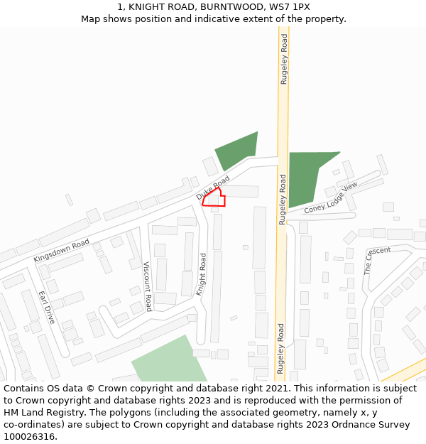 1, KNIGHT ROAD, BURNTWOOD, WS7 1PX: Location map and indicative extent of plot