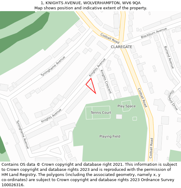1, KNIGHTS AVENUE, WOLVERHAMPTON, WV6 9QA: Location map and indicative extent of plot