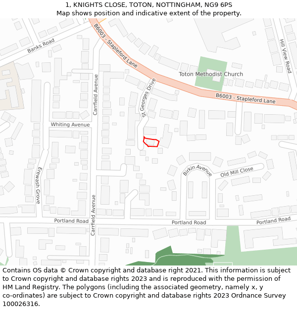 1, KNIGHTS CLOSE, TOTON, NOTTINGHAM, NG9 6PS: Location map and indicative extent of plot