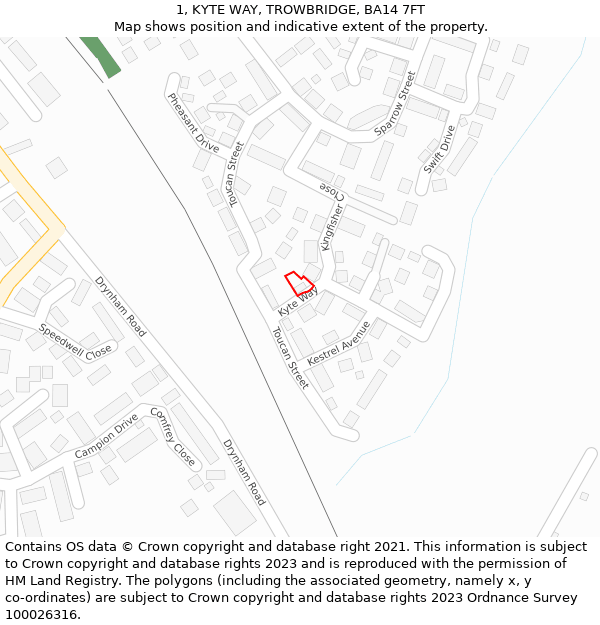 1, KYTE WAY, TROWBRIDGE, BA14 7FT: Location map and indicative extent of plot