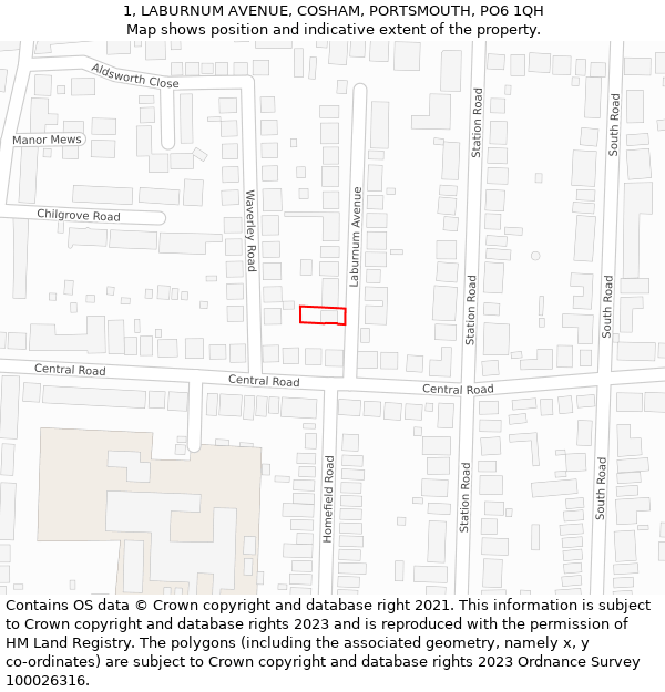 1, LABURNUM AVENUE, COSHAM, PORTSMOUTH, PO6 1QH: Location map and indicative extent of plot