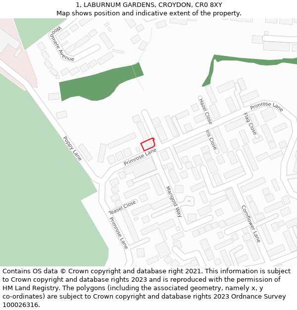 1, LABURNUM GARDENS, CROYDON, CR0 8XY: Location map and indicative extent of plot