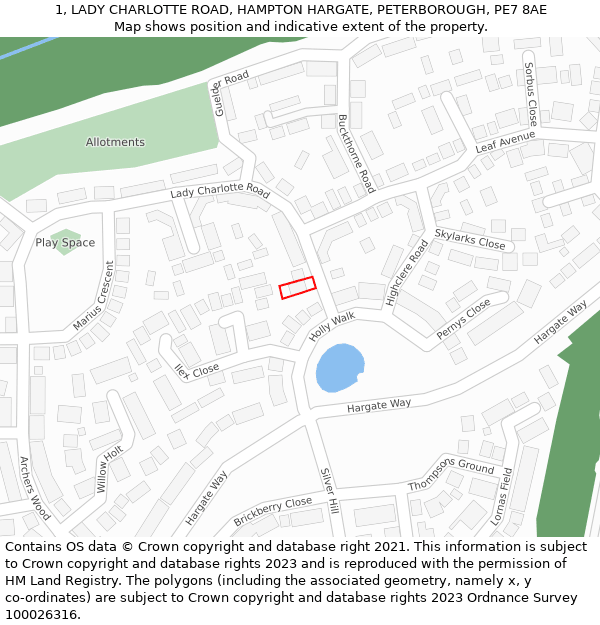 1, LADY CHARLOTTE ROAD, HAMPTON HARGATE, PETERBOROUGH, PE7 8AE: Location map and indicative extent of plot