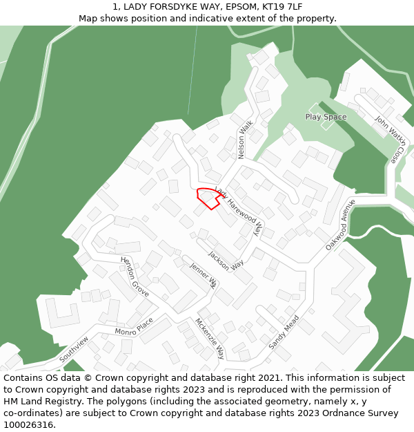 1, LADY FORSDYKE WAY, EPSOM, KT19 7LF: Location map and indicative extent of plot