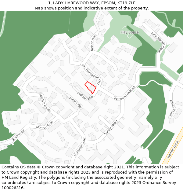 1, LADY HAREWOOD WAY, EPSOM, KT19 7LE: Location map and indicative extent of plot