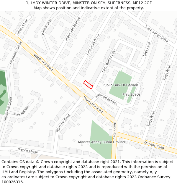 1, LADY WINTER DRIVE, MINSTER ON SEA, SHEERNESS, ME12 2GF: Location map and indicative extent of plot