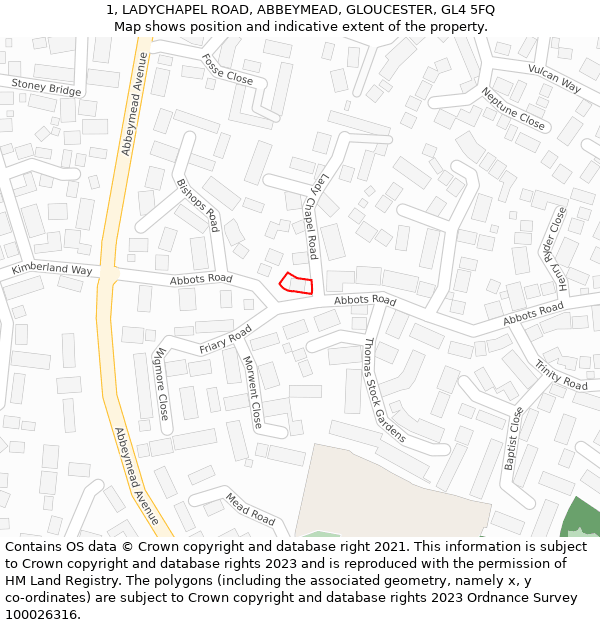 1, LADYCHAPEL ROAD, ABBEYMEAD, GLOUCESTER, GL4 5FQ: Location map and indicative extent of plot