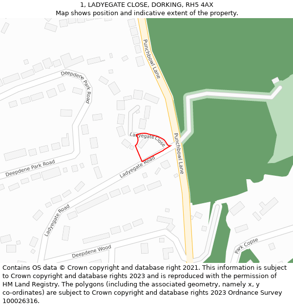 1, LADYEGATE CLOSE, DORKING, RH5 4AX: Location map and indicative extent of plot