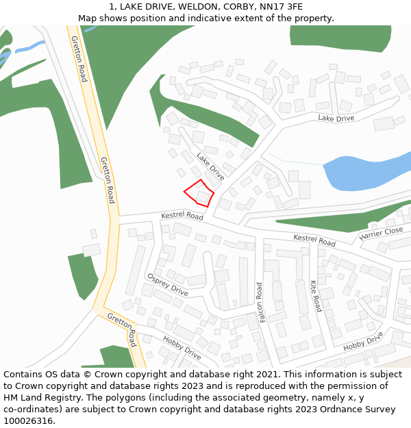 1, LAKE DRIVE, WELDON, CORBY, NN17 3FE: Location map and indicative extent of plot