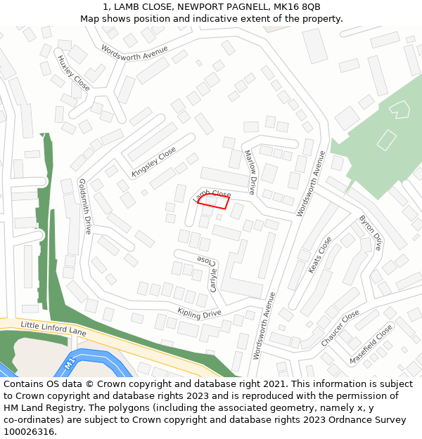 1, LAMB CLOSE, NEWPORT PAGNELL, MK16 8QB: Location map and indicative extent of plot