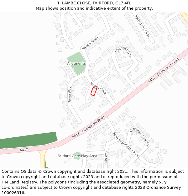 1, LAMBE CLOSE, FAIRFORD, GL7 4FL: Location map and indicative extent of plot