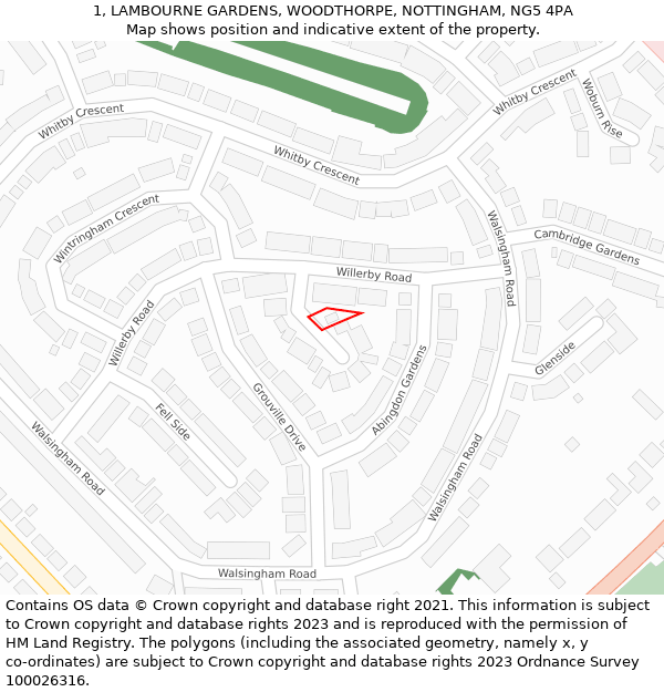 1, LAMBOURNE GARDENS, WOODTHORPE, NOTTINGHAM, NG5 4PA: Location map and indicative extent of plot