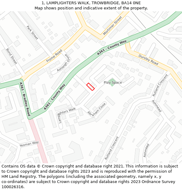 1, LAMPLIGHTERS WALK, TROWBRIDGE, BA14 0NE: Location map and indicative extent of plot