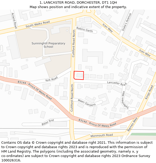1, LANCASTER ROAD, DORCHESTER, DT1 1QH: Location map and indicative extent of plot