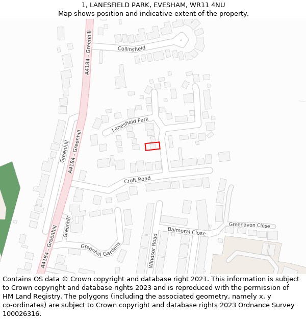 1, LANESFIELD PARK, EVESHAM, WR11 4NU: Location map and indicative extent of plot