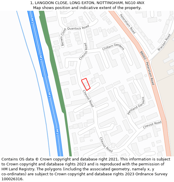 1, LANGDON CLOSE, LONG EATON, NOTTINGHAM, NG10 4NX: Location map and indicative extent of plot