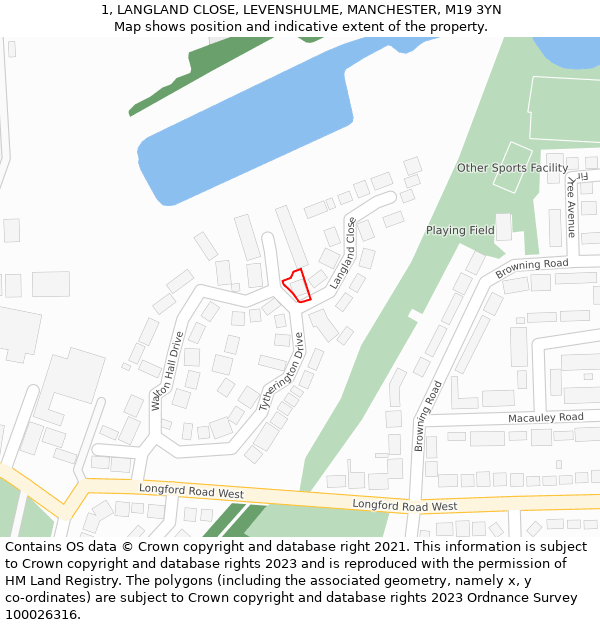 1, LANGLAND CLOSE, LEVENSHULME, MANCHESTER, M19 3YN: Location map and indicative extent of plot