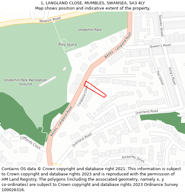 1, LANGLAND CLOSE, MUMBLES, SWANSEA, SA3 4LY: Location map and indicative extent of plot