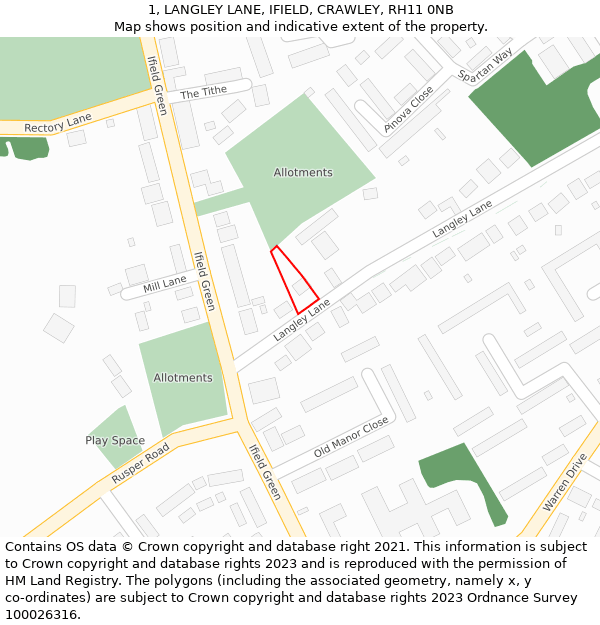 1, LANGLEY LANE, IFIELD, CRAWLEY, RH11 0NB: Location map and indicative extent of plot