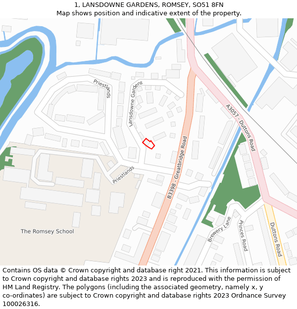 1, LANSDOWNE GARDENS, ROMSEY, SO51 8FN: Location map and indicative extent of plot