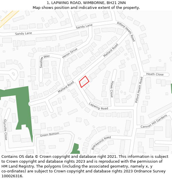 1, LAPWING ROAD, WIMBORNE, BH21 2NN: Location map and indicative extent of plot