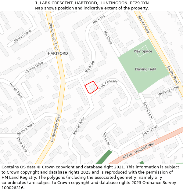 1, LARK CRESCENT, HARTFORD, HUNTINGDON, PE29 1YN: Location map and indicative extent of plot