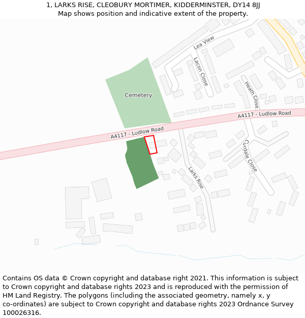 1, LARKS RISE, CLEOBURY MORTIMER, KIDDERMINSTER, DY14 8JJ: Location map and indicative extent of plot