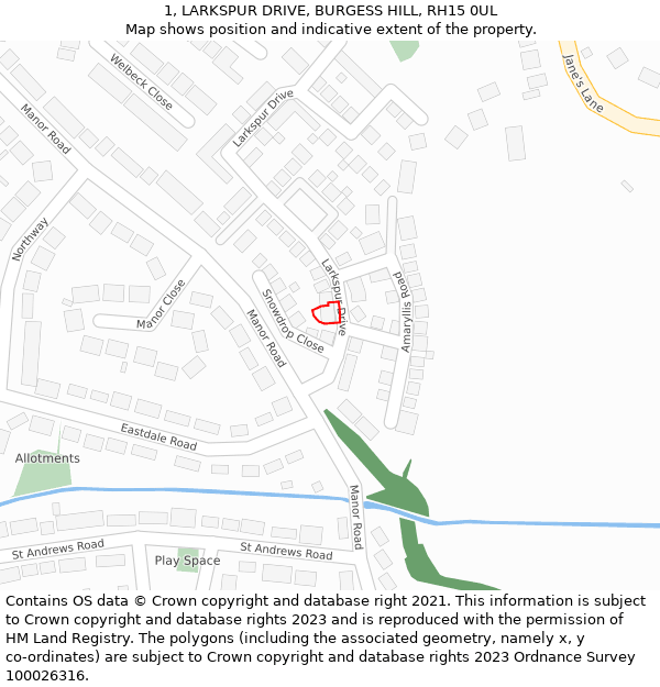 1, LARKSPUR DRIVE, BURGESS HILL, RH15 0UL: Location map and indicative extent of plot