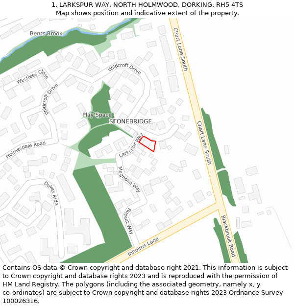 1, LARKSPUR WAY, NORTH HOLMWOOD, DORKING, RH5 4TS: Location map and indicative extent of plot